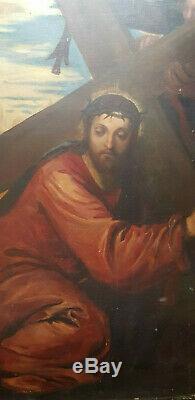 Nineteenth Jesus Christ Oil On Panel Table Old Wood Signed 54x65 Cross Path