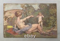 Nymph and Putto, Symbolist school, oil on panel, antique painting, artwork