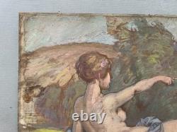 Nymph and Putto, Symbolist school, oil on panel, antique painting, artwork
