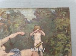 Nymph and Putto, Symbolist school, oil on panel, antique painting, artwork