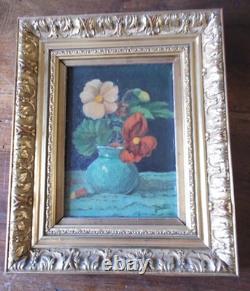 OIL ON CANVAS BOUQUET OF FLOWERS antique frame