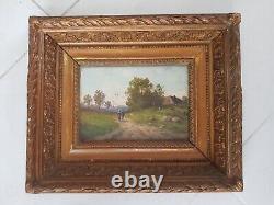 OIL ON PANEL ANCIENT FRAMED ANIMATED LANDSCAPE (dlg or by GALIEN LALOUE)