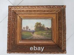 OIL ON PANEL ANCIENT FRAMED ANIMATED LANDSCAPE (dlg or by GALIEN LALOUE)