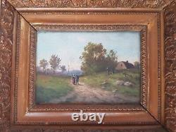 OIL ON PANEL ANCIENT FRAMED ANIMATED LANDSCAPE (dlg or by GALIEN LALOUE)