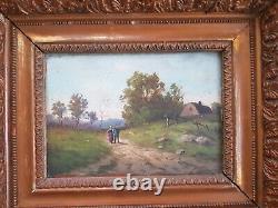 OIL ON PANEL ANCIENT FRAMED ANIMATED LANDSCAPE (dlg or by GALIEN LALOUE)