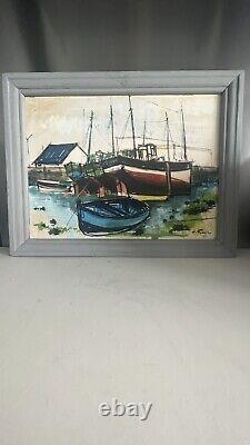 OIL PAINTING ON CARDBOARD: BOATS IN BRITTANY, LESCONIL. Signed J. GOUPIL, VINTAGE 1947