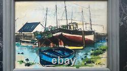 OIL PAINTING ON CARDBOARD: BOATS IN BRITTANY, LESCONIL. Signed J. GOUPIL, VINTAGE 1947