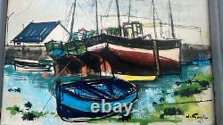 OIL PAINTING ON CARDBOARD: BOATS IN BRITTANY, LESCONIL. Signed J. GOUPIL, VINTAGE 1947