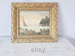 OLD LARGE OIL ON CANVAS MARINE BOAT SIGNATURE WOODEN FRAME AND STUCCO 19th century