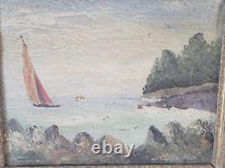 OLD LARGE OIL ON CANVAS MARINE BOAT SIGNATURE WOODEN FRAME AND STUCCO 19th century