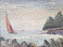 OLD LARGE OIL ON CANVAS MARINE BOAT SIGNATURE WOODEN FRAME AND STUCCO 19th century