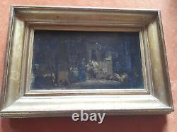 OLD OIL PAINTING ON WOOD 19th CENTURY INTERIOR SCENE OF COUNTRY LIFE