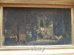 OLD OIL PAINTING ON WOOD 19th CENTURY INTERIOR SCENE OF COUNTRY LIFE