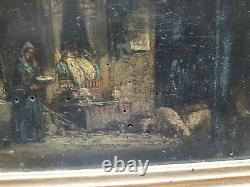 OLD OIL PAINTING ON WOOD 19th CENTURY INTERIOR SCENE OF COUNTRY LIFE