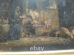 OLD OIL PAINTING ON WOOD 19th CENTURY INTERIOR SCENE OF COUNTRY LIFE