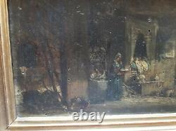 OLD OIL PAINTING ON WOOD 19th CENTURY INTERIOR SCENE OF COUNTRY LIFE