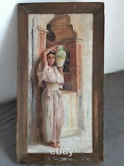 +++ Oil Old Orientalist Painting Beginning 20th Girl At The Pitcher +++