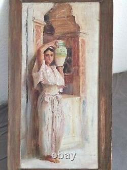 +++ Oil Old Orientalist Painting Beginning 20th Girl At The Pitcher +++