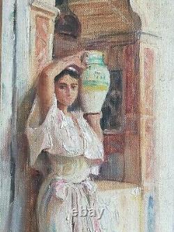 +++ Oil Old Orientalist Painting Beginning 20th Girl At The Pitcher +++