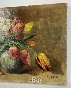 Oil On Canvas From 1944 Old De L. Hardy Bouquet Flowers In Tulips