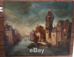 Oil On Canvas Landscape Painting Animated Boat Marine Paint Old Signed