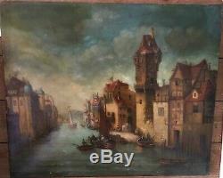 Oil On Canvas Landscape Painting Animated Boat Marine Paint Old Signed