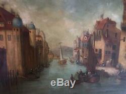 Oil On Canvas Landscape Painting Animated Boat Marine Paint Old Signed