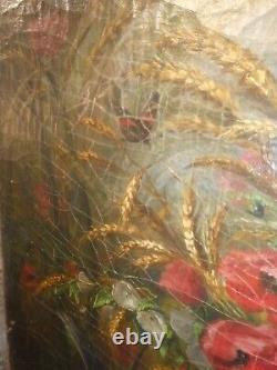 Oil On Canvas Old Pie Birds Wheat Field Butterfly Poppies