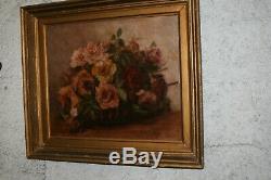 Oil On Canvas Still Life Oil Old Roses, Flower Basket