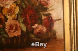 Oil On Canvas Still Life Oil Old Roses, Flower Basket