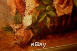 Oil On Canvas Still Life Oil Old Roses, Flower Basket