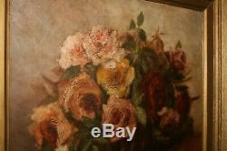 Oil On Canvas Still Life Oil Old Roses, Flower Basket