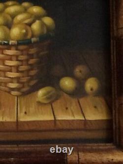 Oil On Canvas Still Life Old Frame Lemon Basket