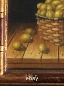 Oil On Canvas Still Life Old Frame Lemon Basket