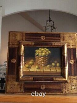 Oil On Canvas Still Life Old Frame Lemon Basket