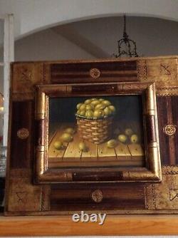 Oil On Canvas Still Life Old Frame Lemon Basket