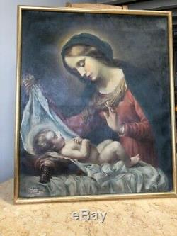 Oil On Canvas Table Ancient Religious Virgin The Child Eighteenth
