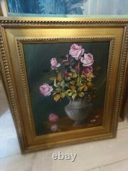 Oil On Canvas, Vase Flowers, Ancient Painting Frame
