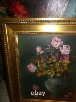 Oil On Canvas, Vase Flowers, Ancient Painting Frame