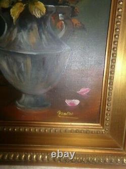 Oil On Canvas, Vase Flowers, Ancient Painting Frame