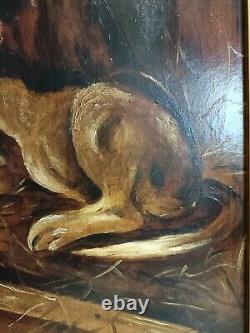 Oil On Cardboard Hunting Dog At Rest, Antique Painting, Painting