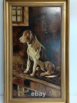 Oil On Cardboard Hunting Dog At Rest, Antique Painting, Painting