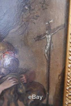 Oil On Panel End XVIII Century Woman To Cross Old Paint