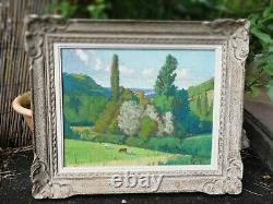 Oil On Panel Painting Old Landscape Cows Signed Superb Old Frame