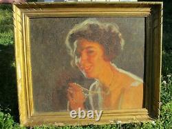 Oil Painting On Canvas Former Pierre Bonnaud Woman At The Art Deco Necklace Portrait