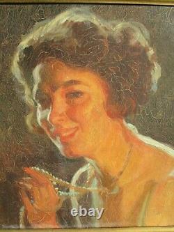 Oil Painting On Canvas Former Pierre Bonnaud Woman At The Art Deco Necklace Portrait