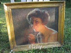 Oil Painting On Canvas Former Pierre Bonnaud Woman At The Art Deco Necklace Portrait