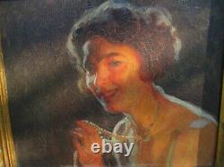 Oil Painting On Canvas Former Pierre Bonnaud Woman At The Art Deco Necklace Portrait