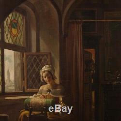 Oil Painting On Canvas Painting Signed Traverso Style Old Interior Scene