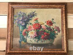 Oil Painting On Canvas Still Life Flower Bouquet Antique Painting Signed